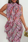Pink Sexy Fringed Trim Hollow Out Patchwork O Neck Long Dresses