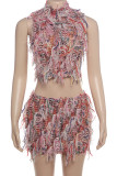 Pink Sexy Fringed Trim Patchwork Turtleneck Sleeveless Two Pieces
