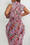 Pink Sexy Fringed Trim Hollow Out Patchwork O Neck Long Dresses