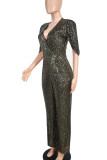 Dark Brown Casual Solid Color Sequins Patchwork V Neck Regular Jumpsuits