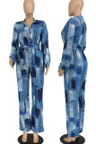 Peacock Blue Casual Print Pocket Buckle Patchwork Turndown Collar Regular Jumpsuits