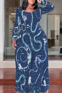 Blue Casual Camouflage Print Stripe O Neck Printed Plus Size Dresses
