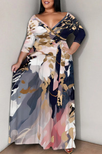 Dark Blue Casual Flowers Stripe Chain print Lace Up Contrast V Neck Printed Plus Size Dresses