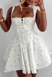 White Sexy Print Lace Hollow Out Patchwork Backless Cross Straps Square Neck A Line Dresses