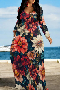 Multicolor Elegant Print Pocket Patchwork O Neck Long Dresses