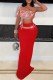 Red Sexy Patchwork Backless Rhinestone Decor Oblique Collar Sleeveless Two Pieces