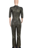Dark Brown Casual Solid Color Sequins Patchwork V Neck Regular Jumpsuits