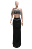 Red Sexy Patchwork Backless Rhinestone Decor Oblique Collar Sleeveless Two Pieces