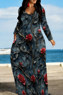 Gray Blue Elegant Print Pocket Patchwork O Neck Long Dresses