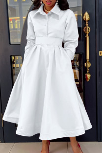 White Elegant Solid Color Pocket Buckle Patchwork Turndown Collar Long Dresses