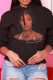 Black Casual Street Gradient Print Draw String Pocket Hooded Tops