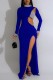 Blue Sexy Hot Drilling Patchwork Hollow Out Slit Half A Turtleneck Evening Dresses