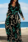 Green Casual Colorblock Floral Print The stars Pocket Contrast O Neck Printed Dresses