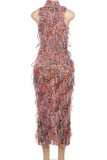 Pink Sexy Fringed Trim Hollow Out Patchwork O Neck Long Dresses