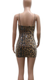 Leopard Print Sexy Leopard Print Sequins Patchwork Backless Spaghetti Strap Sling Dresses