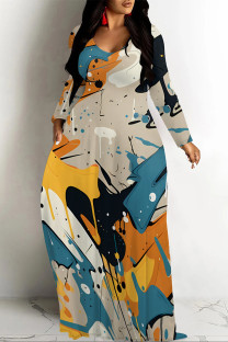 Light Khaki Casual Colorblock Floral Print The stars Pocket Contrast O Neck Printed Dresses