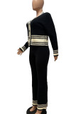 Apricot Casual Draw String Buckle Patchwork Contrast V Neck Long Sleeve Two Pieces