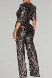 Dark Brown Casual Solid Color Sequins Patchwork V Neck Regular Jumpsuits