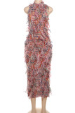 Pink Sexy Fringed Trim Hollow Out Patchwork O Neck Long Dresses