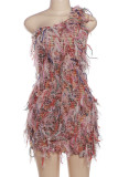 Pink Sexy Fringed Trim Patchwork Backless Oblique Collar Wrapped Skirt Dresses
