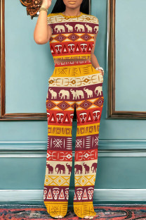 Red Yellow Casual Print Pocket Patchwork O Neck Short Sleeve Two Pieces