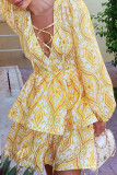 Yellow Elegant Print Hollow Out Patchwork Deep V Neck A Line Dresses