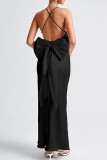Pink Sexy Solid Color Patchwork Backless Bow Decor Spaghetti Strap Sling Dresses
