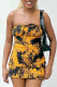 Yellow Black Sexy Print Patchwork Backless Strapless Wrapped Skirt Dresses