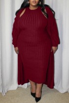 Burgundy Casual Solid Color Basic O Neck Long Plus Size Two Pieces