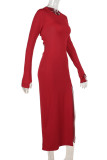 Red Elegant Solid Color Patchwork High Slit O Neck Wrapped Skirt Dresses