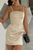 Champagne Sexy Patchwork Backless Bow Decor Spaghetti Strap Sling Dresses