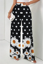 White Black Casual Print Pocket Regular High Waist Wide Leg Full Print Trousers