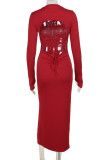 Red Elegant Solid Color Patchwork High Slit O Neck Wrapped Skirt Dresses