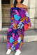 Purple Sexy Street Floral Print Lace Up Slit Contrast Off Shoulder Printed Dresses