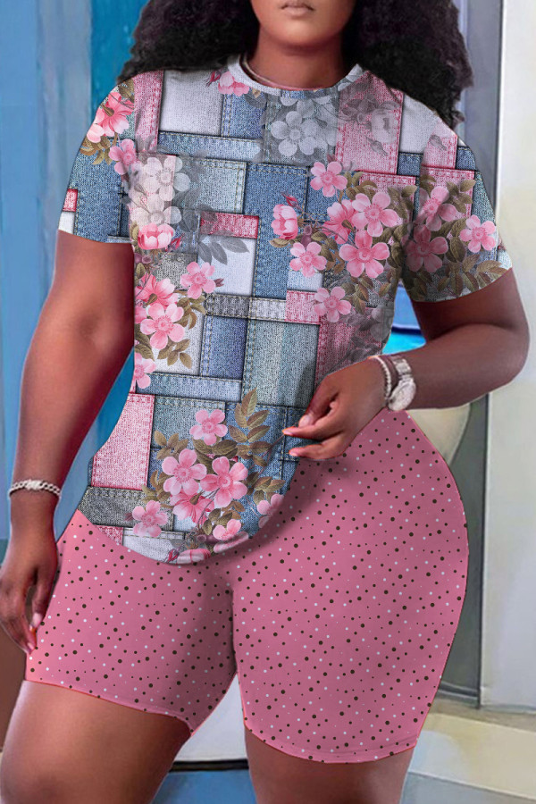 Pink Casual Floral Print Basic O Neck Short Sleeve Two Pieces