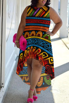 Yellow And Blue Casual Print Patchwork O Neck Irregular Plus Size Dresses
