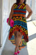 Yellow And Blue Casual Print Patchwork O Neck Irregular Plus Size Dresses
