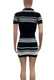 Black Sexy Stripe Buckle Patchwork Turndown Collar Short Sleeve Two Pieces