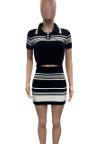 Black Sexy Stripe Buckle Patchwork Turndown Collar Short Sleeve Two Pieces