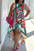 Sky Blue Casual Print Patchwork O Neck Irregular Plus Size Dresses