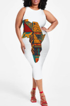 Cyan Casual Map Printing Patchwork O Neck Wrapped Skirt Plus Size Dresses