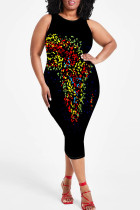 Black Red Casual Map Printing Patchwork O Neck Wrapped Skirt Plus Size Dresses
