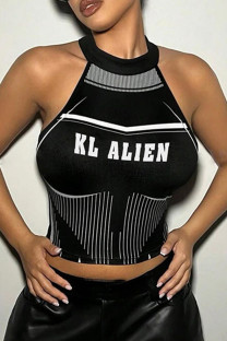 Black Sexy Print Patchwork O Neck Tops