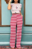 Pink Casual Striped Print Floral Print Basic O Neck Short Sleeve Two Pieces