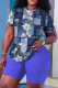 Blue Casual Floral Print Basic O Neck Short Sleeve Two Pieces
