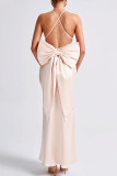 Pink Sexy Solid Color Patchwork Backless Bow Decor Spaghetti Strap Sling Dresses