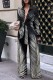Black White Casual Print Buttons Turndown Collar Long Sleeve Two Pieces