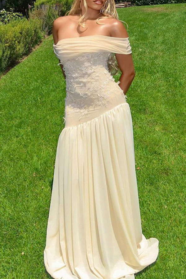 Light Yellow Elegant Lace Patchwork Backless Ruched Off Shoulder Irregular Dresses