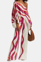 Rose Red Casual Striped Print Oblique Collar Long Sleeve Two Pieces