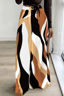 Khaki Casual Print Pocket Regular High Waist Wide Leg Full Print Trousers